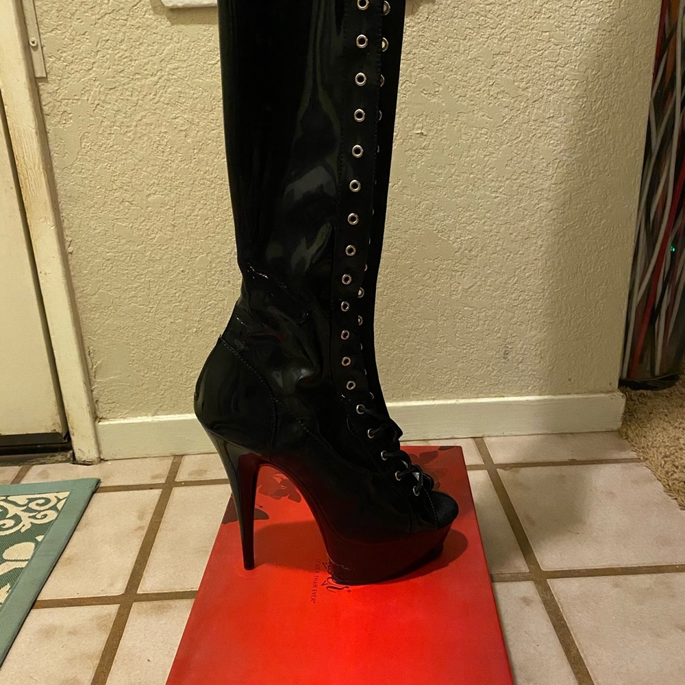 Pleaser Atlanta’s black lace up open toe boots